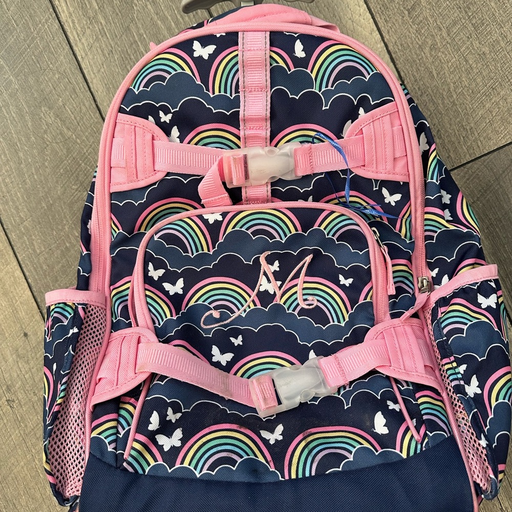 Pottery Barn bag pack with wheel.  With initial M